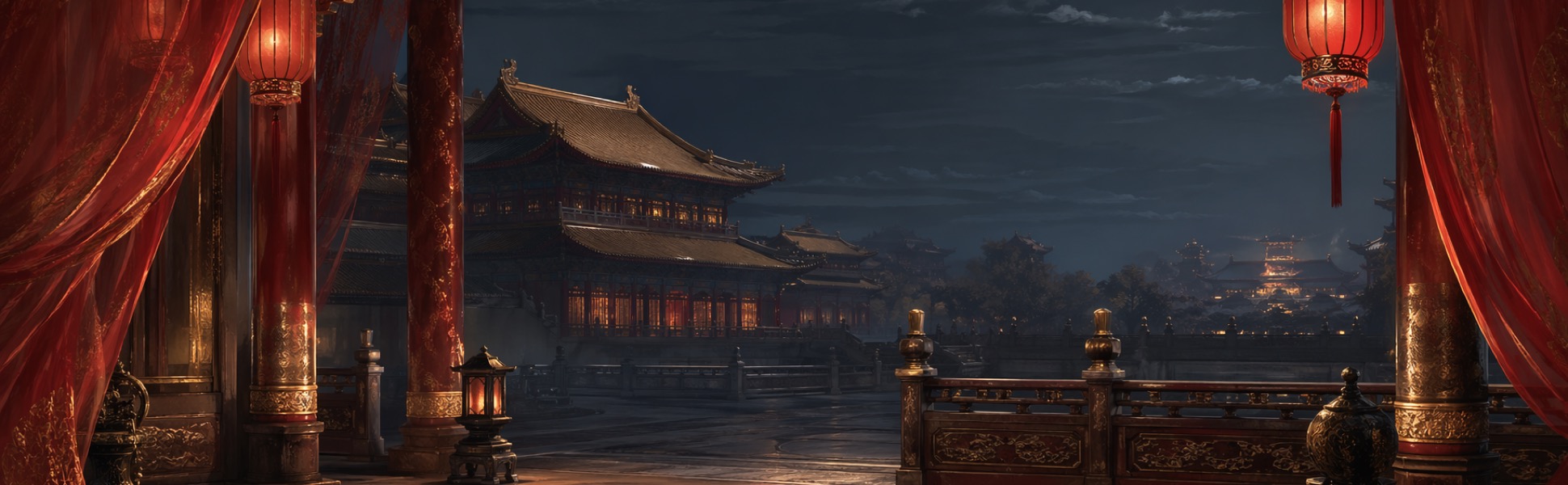 A quiet palace terrace at night, framed by red lanterns and empty halls.