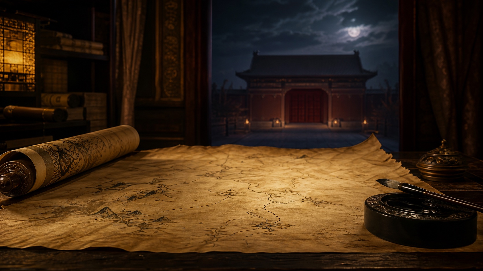 An ancient scroll, ink map, and distant palace gate in a moody imagined Chinese dynasty setting.