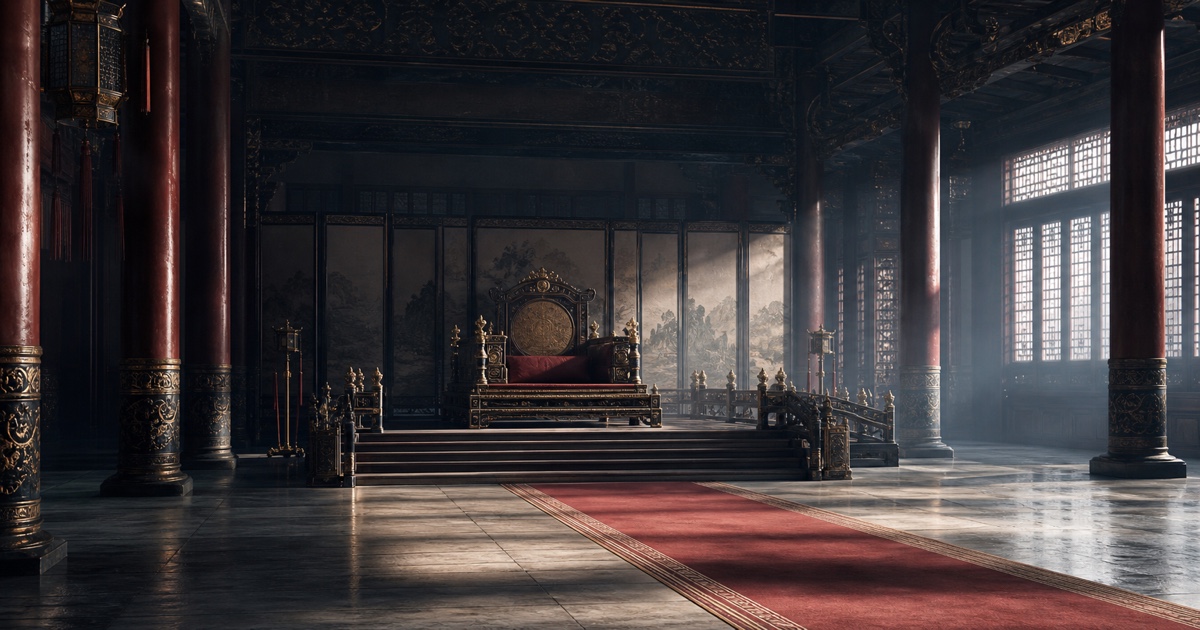 An empty palace throne in cold afternoon light, the seat itself untouched and the hall around it unmoving.