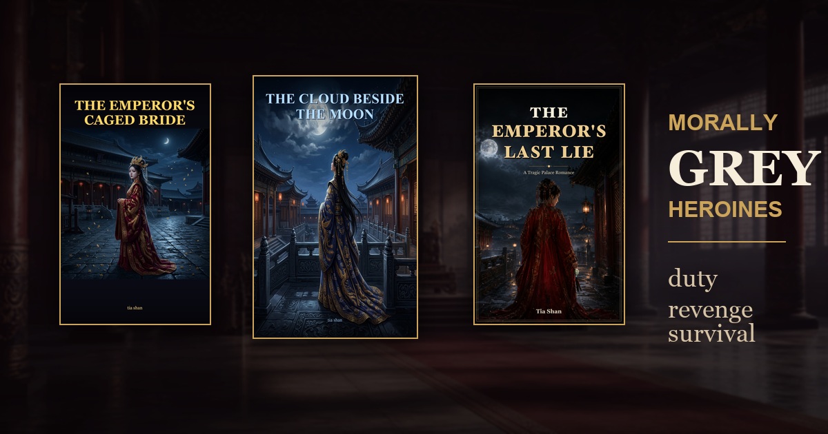 Three Tia Shan book covers arranged against a dark imagined-dynasty palace background, suggesting three different kinds of morally grey heroines.