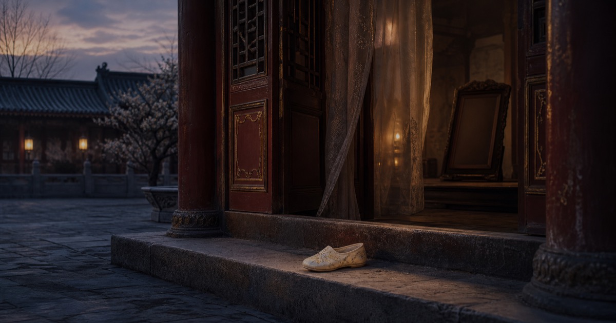 An empty inner-palace courtyard at dusk, with a single silk shoe at the threshold, a gauze curtain, and a portrait turned toward the wall.