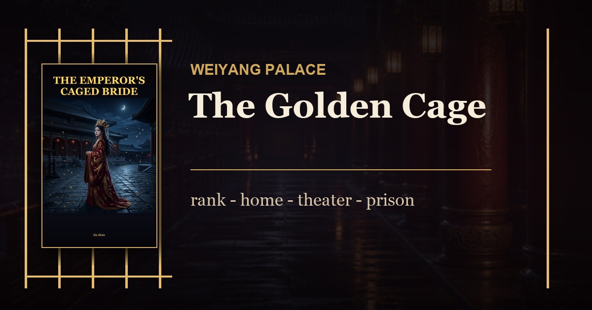 The cover of The Emperor's Caged Bride beside the words Weiyang Palace and Golden Cage, with faint palace bars over a dark imagined-dynasty background.